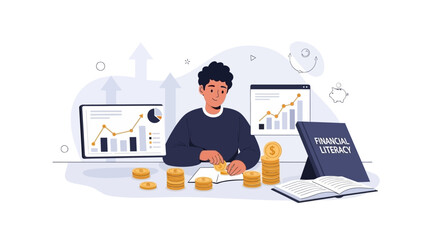 Financial Literacy and Investment Growth Concept with Stock Charts, Coins, and Person Analyzing Data
