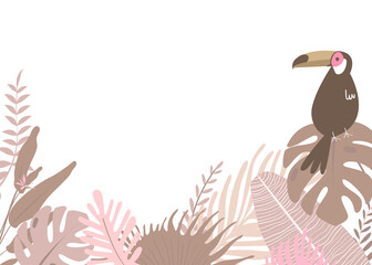 Obraz premium Pink botanical border png clip art, aesthetic tropical leaves and bird graphic element on transparent background