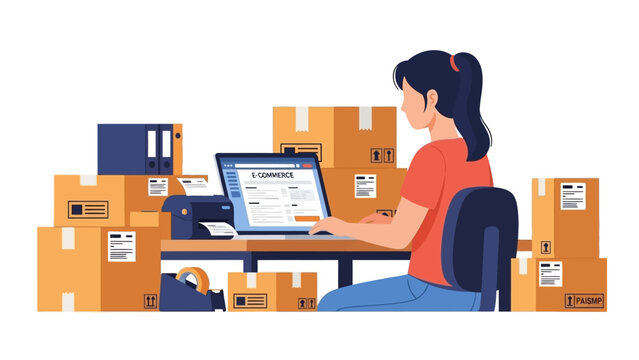 A dedicated woman efficiently managing online orders and shipping logistics from her home office, surrounded by numerous cardboard boxes ready for delivery