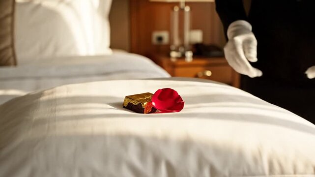 Hotel staff in white gloves places rose petals and chocolate on a neatly made bed.