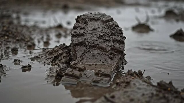 Close up of a muddy boot print in wet earth after a rainstorm showing textured soil and puddles with shallow depth of field