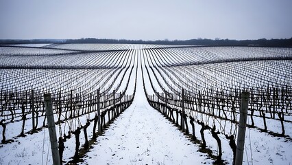 Obraz premium Winter vineyard landscape under a blanket of snow, showcasing rows of dormant grapevines stretching towards the horizon