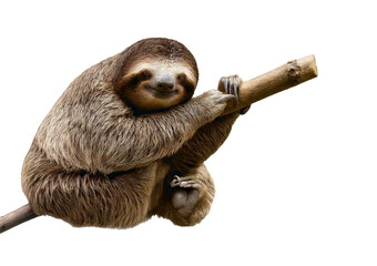 Fototapeta premium Adorable sloth smiling while gripping a stick isolated on transparent or white background
