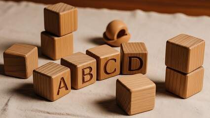Abcd blocks arranged for early learning with natural wooden cubes on a textured background in soft light, creating a whimsical and educational atmosphere