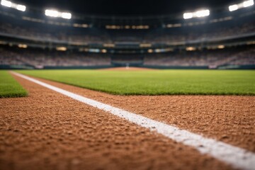 Low-angle view of an empty baseball field with sharp dirt infield texture and white baseline, blurred stadium background