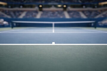 Empty professional tennis court seen from very low angle with sharp surface focus and blurred stadium seating
