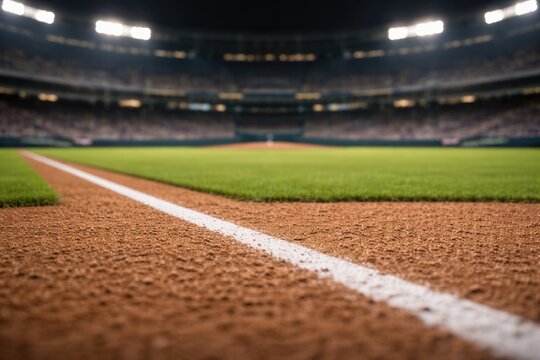 Low-angle view of an empty baseball field with sharp dirt infield texture and white baseline, blurred stadium background