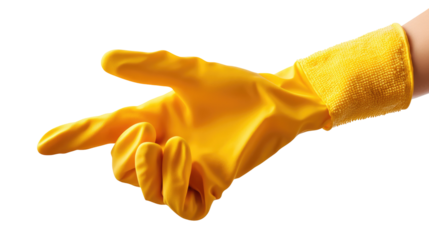 Yellow glove hand holding cleaning equipment on transparent background