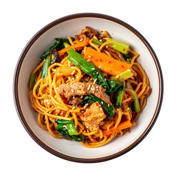 Korean noodle stir fried bowl isolated on transparent or white background