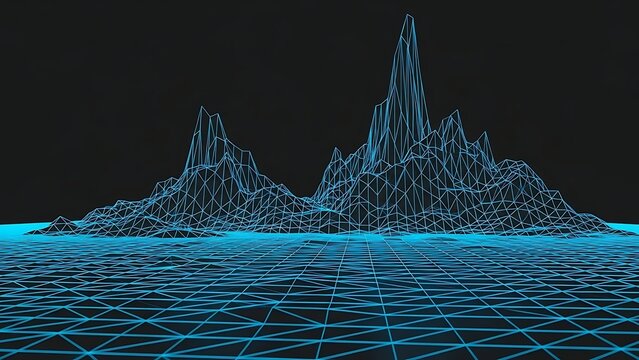 Digital Landscape of Futuristic Mountains in a Neon Wireframe Grid - Powered by Adobe