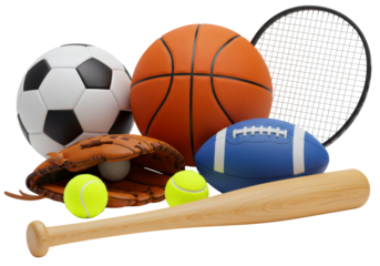 Sports Equipment Collection Ball Bat Glove Football Basketball Soccer Tennis Baseball Recreation