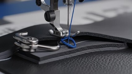 Sewing Machine Stitching Black Leather Fabric With Blue Thread Macro