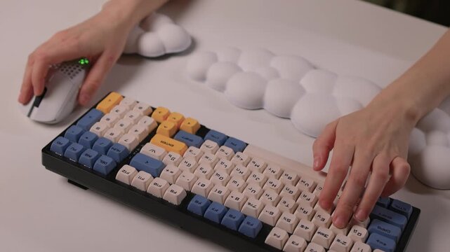 Keyboard setup showcase, Ergonomic mechanical keyboard display, Closeup of tactile switches on custom keyboard, Designer testing pastel keycaps with ergonomic wrist cushion setup
