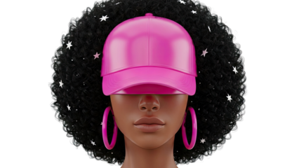Woman with Pink Baseball Cap and Hoop Earrings, Curly Hair with Stars