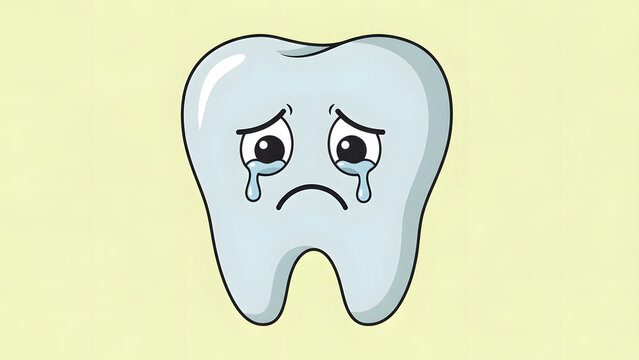 A cartoon illustration of a white molar tooth with a sad expression and tears falling from its eyes