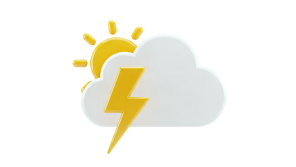 3D Weather Icon: Sun behind cloud with lightning bolt