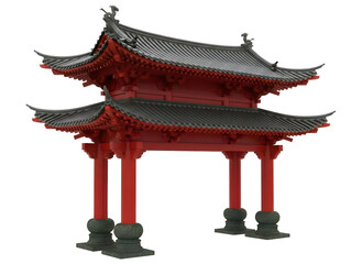 Obraz premium Traditional asian architecture red wooden gate with gray tiled roof and stone bases