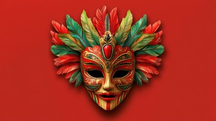 Vibrant hotel gaming venue mask adorned with red and green feathers against a bold red background