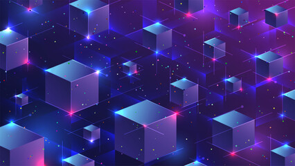 Technology Background with 3D Isometric Cubes in Digital Space and Neon Purple Blue Light Particles