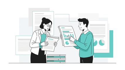 Business meeting, people discussing charts and documents, team collaboration, data analysis