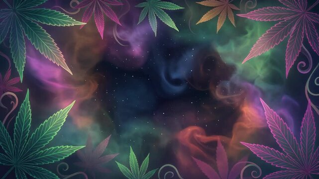 Vibrant cannabis leaves and colorful smoke creating a mesmerizing abstract background