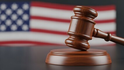 Gavel and American flag symbolizing the pillars of justice, rule of law, and democratic governance within the United States legal framework