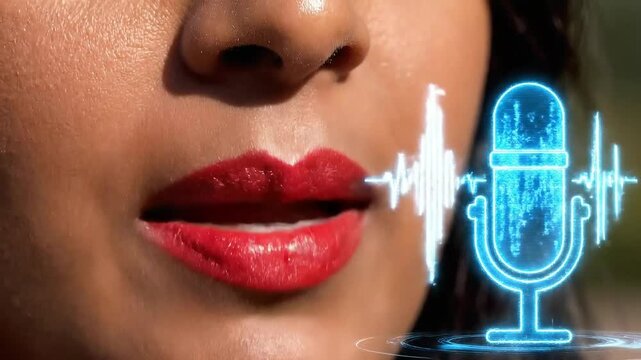 Close up of a woman speaking with vibrant red lipstick into a digital microphone interface displaying sound waves and audio visualization