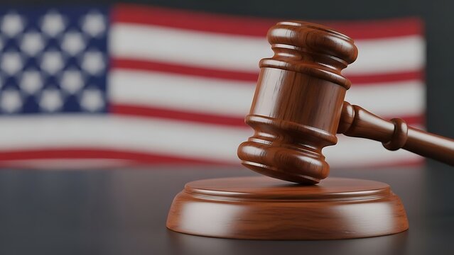 Gavel and American flag symbolizing the pillars of justice, rule of law, and democratic governance within the United States legal framework