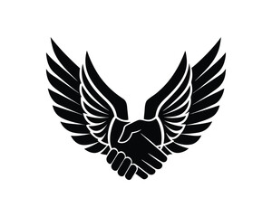 Obraz premium Black silhouette of a handshake with large wings on a white background agreement partnership