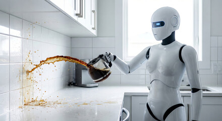 Futuristic AI Robot Spilling Coffee on White Kitchen Wall and Countertop Creating Messy Splash Concept