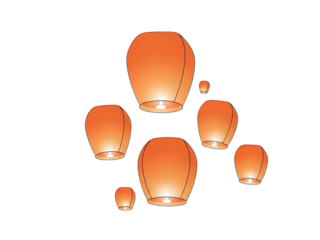 Glowing orange sky lanterns ascending into the dark night, creating a beautiful display