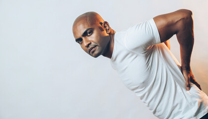 Asian man in white shirt bent over with possible back pain