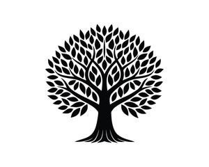 Black tree silhouette with a wide base and a full, circular leaf canopy on white background Keywords: tree