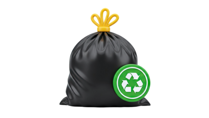 Black trash bag with recycling symbol