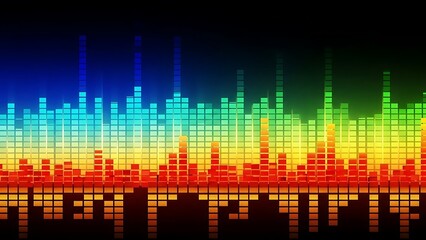 Dynamic digital audio equalizer displaying a vibrant rainbow spectrum of sound waves, an abstract visualization for music technology and creative projects