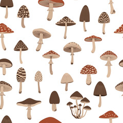 Seamless background pattern featuring a variety of wild mushrooms and fungi in different shades of brown and tan.