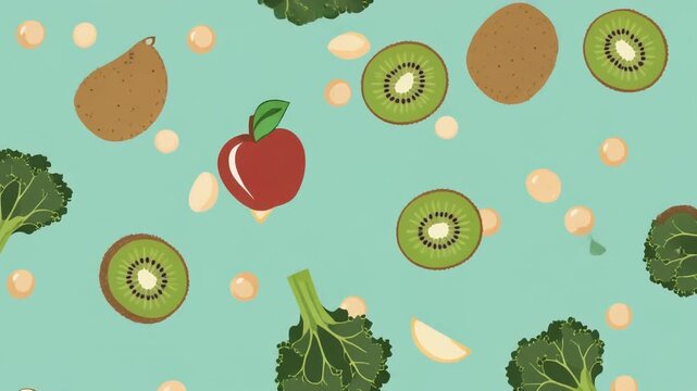 A vibrant pattern of fresh fruits and vegetables including kiwis, apples, and broccoli on a light blue background.