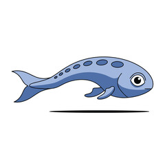 Obraz premium Simple illustration of a blue fish with dark spots on its back and a large eye swimming on a white background.