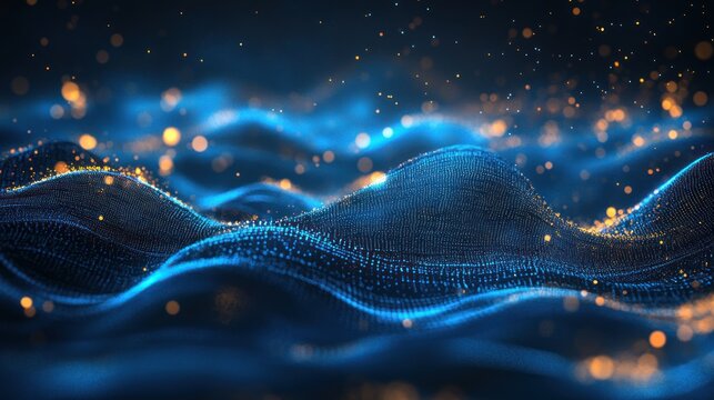 Abstract blue glowing digital landscape with shimmering golden particles and flowing waves of data