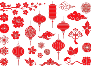 A vibrant collection of traditional chinese new year lanterns, flowers, and auspicious symbols