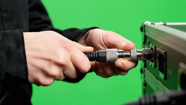 Close up of hands connecting audio cable to equipment case on green screen background
