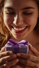 A smiling woman holding a small purple gift box with a bow, symbolizing appreciation and celebration.