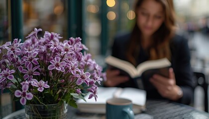 A woman enjoying a quiet moment with a book and flowers in a cozy setting