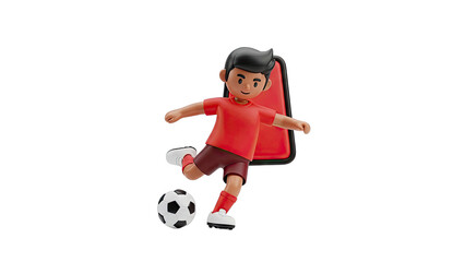 3D cartoon soccer player kicking ball near phone