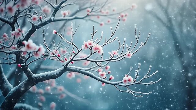 Delicate pink cherry blossoms on frosted branches in a serene winter landscape with falling snow.