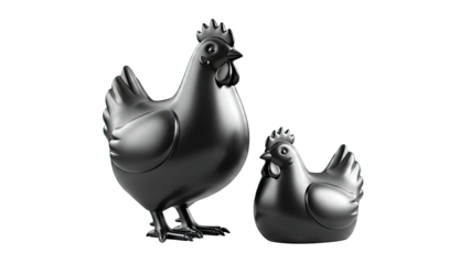 Two Black Plastic Chickens, One Large, One Small, Against White Background