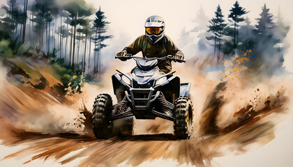 Obraz premium ATV Rider Navigating a Dusty Forest Trail