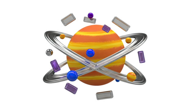 3D Abstract Planet with Orbits and Geometric Shapes - Powered by Adobe