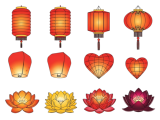 Traditional asian lanterns, sky lanterns, and vibrant lotus flower designs