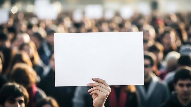 Person holding blank white sign in a crowd during a protest or rally with copy space for text